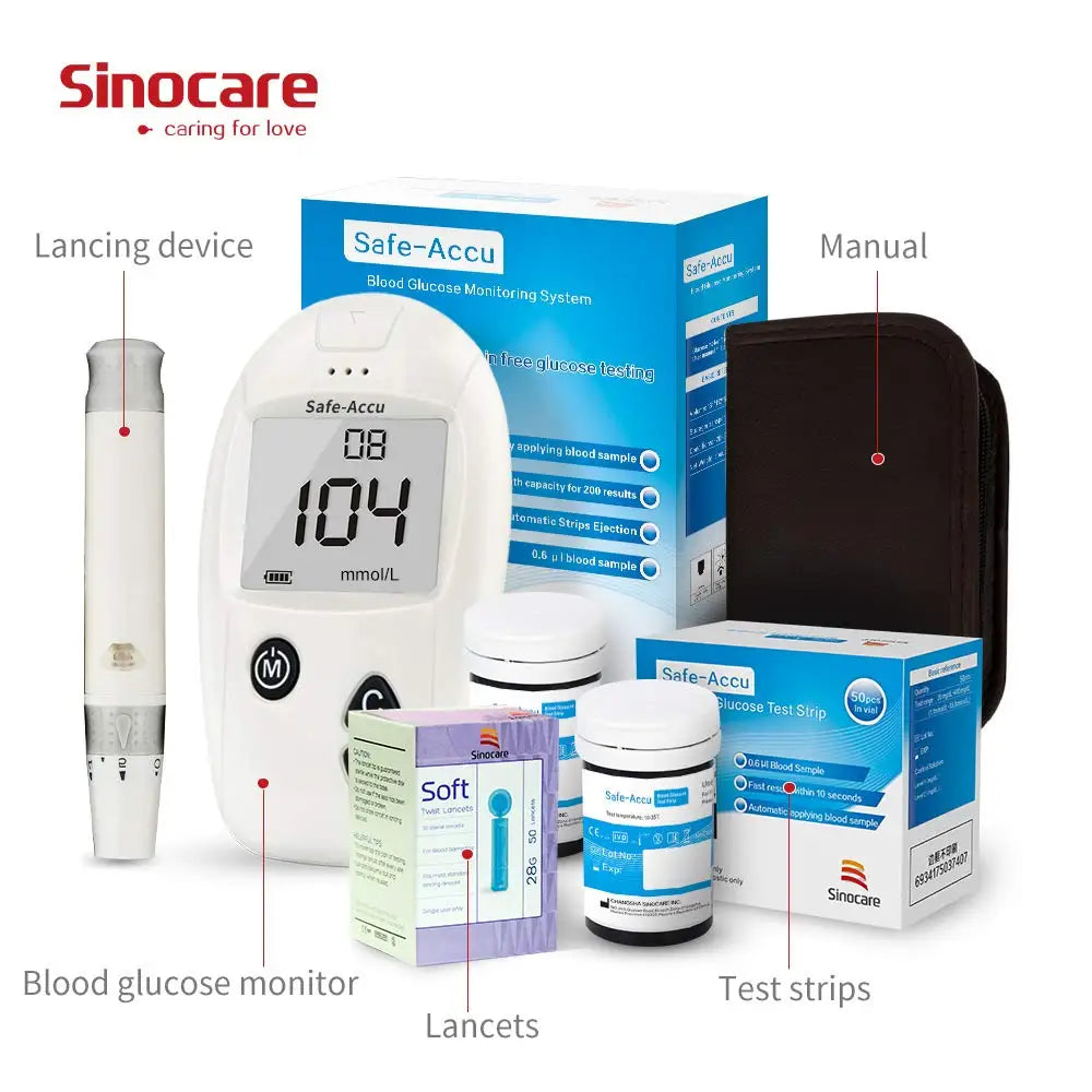 Sinocare Safe-Accu Blood Glucose Meter Glucometer Kit Diabetes Tester 50/100 Test Strips Lancets Medical Blood Sugar Meter